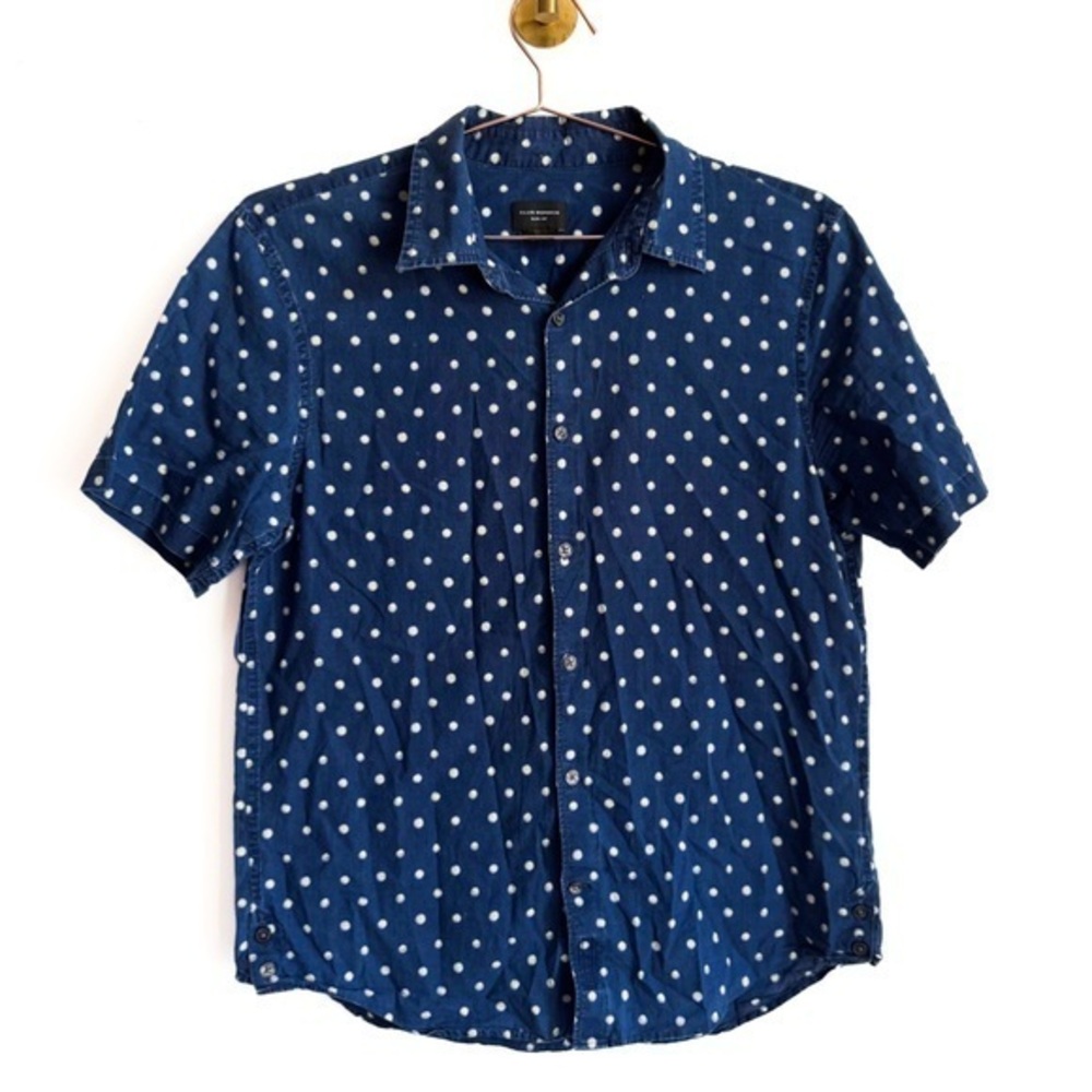 Club Monaco Short Sleeve Polka Dot Shirt Denim Blue M